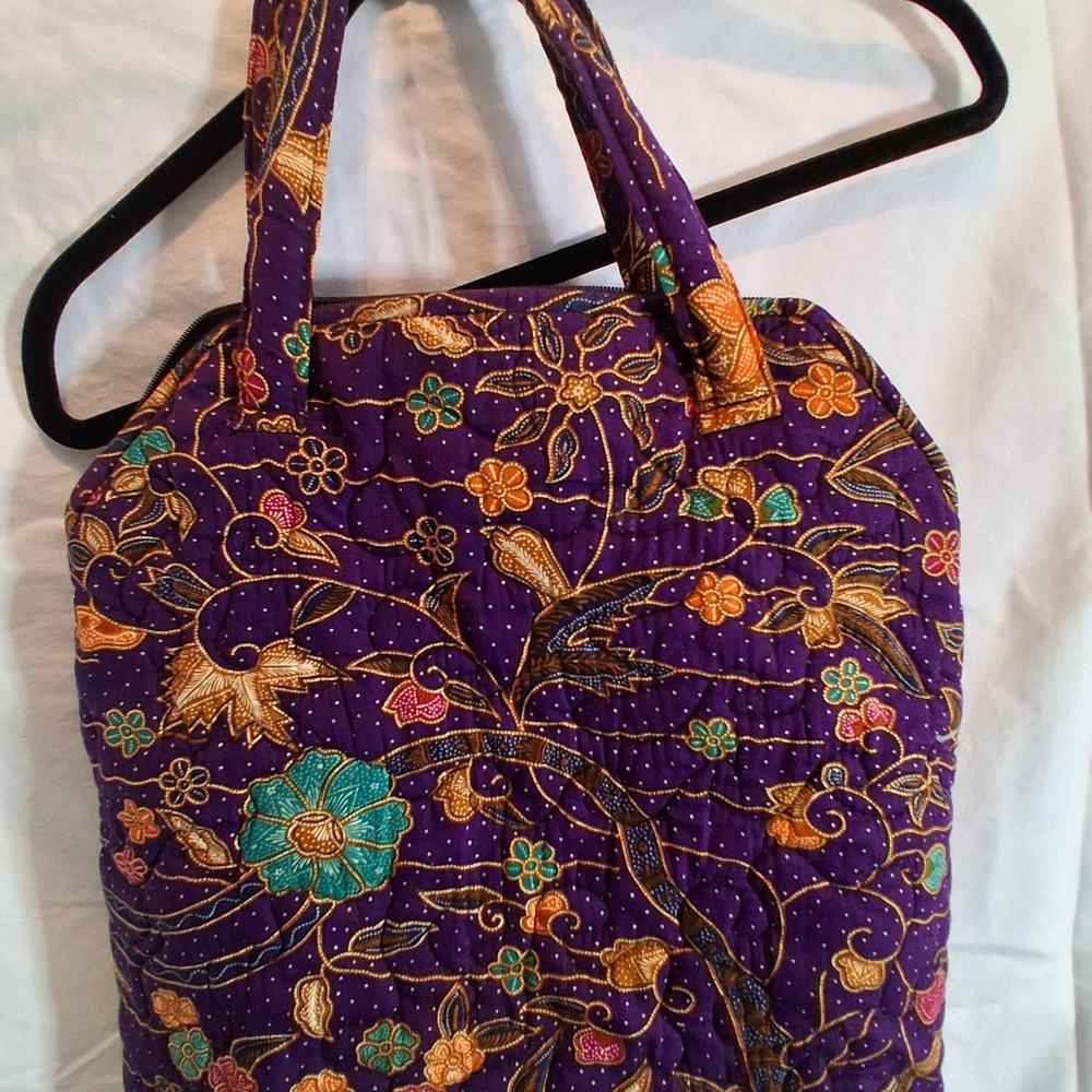 Quilted Purple Floral Tote Bag with Red Interior - Picture 3 of 7